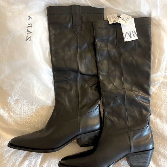 NEW! Zara Leather cowboy boots in black - Picture 3 of 6